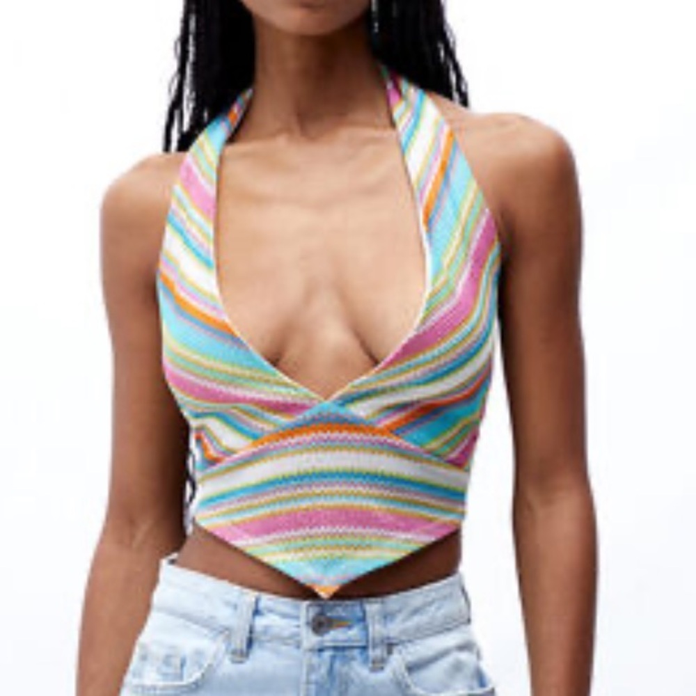 Kendall & Kylie crochet woven halter top colorful